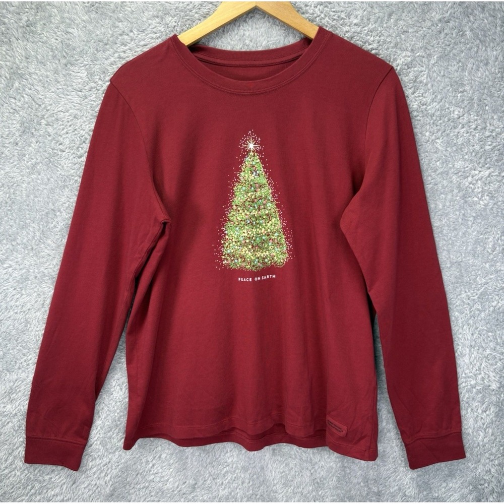 Life is Good Womens Large Crusher Tee Red Christmas Tree Peace Long Sleeve
